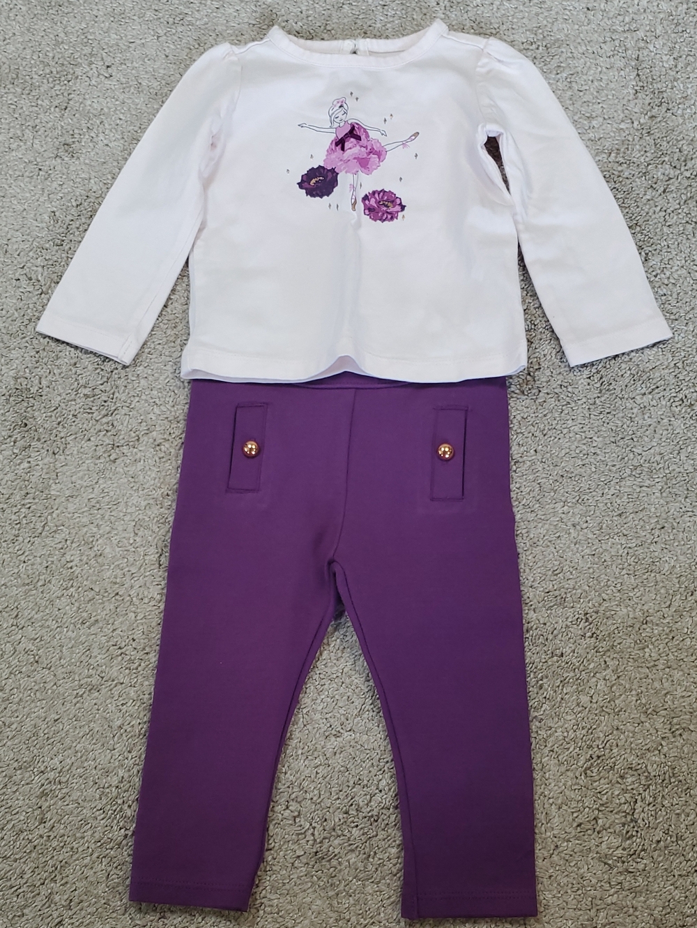 Girls Janie & Jack Floral Ballerina Top & Purple Button Ponte Pants. 6-12 Months